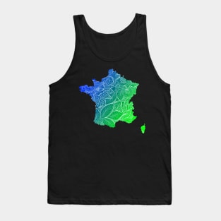 Colorful mandala art map of France with text in blue and green Tank Top